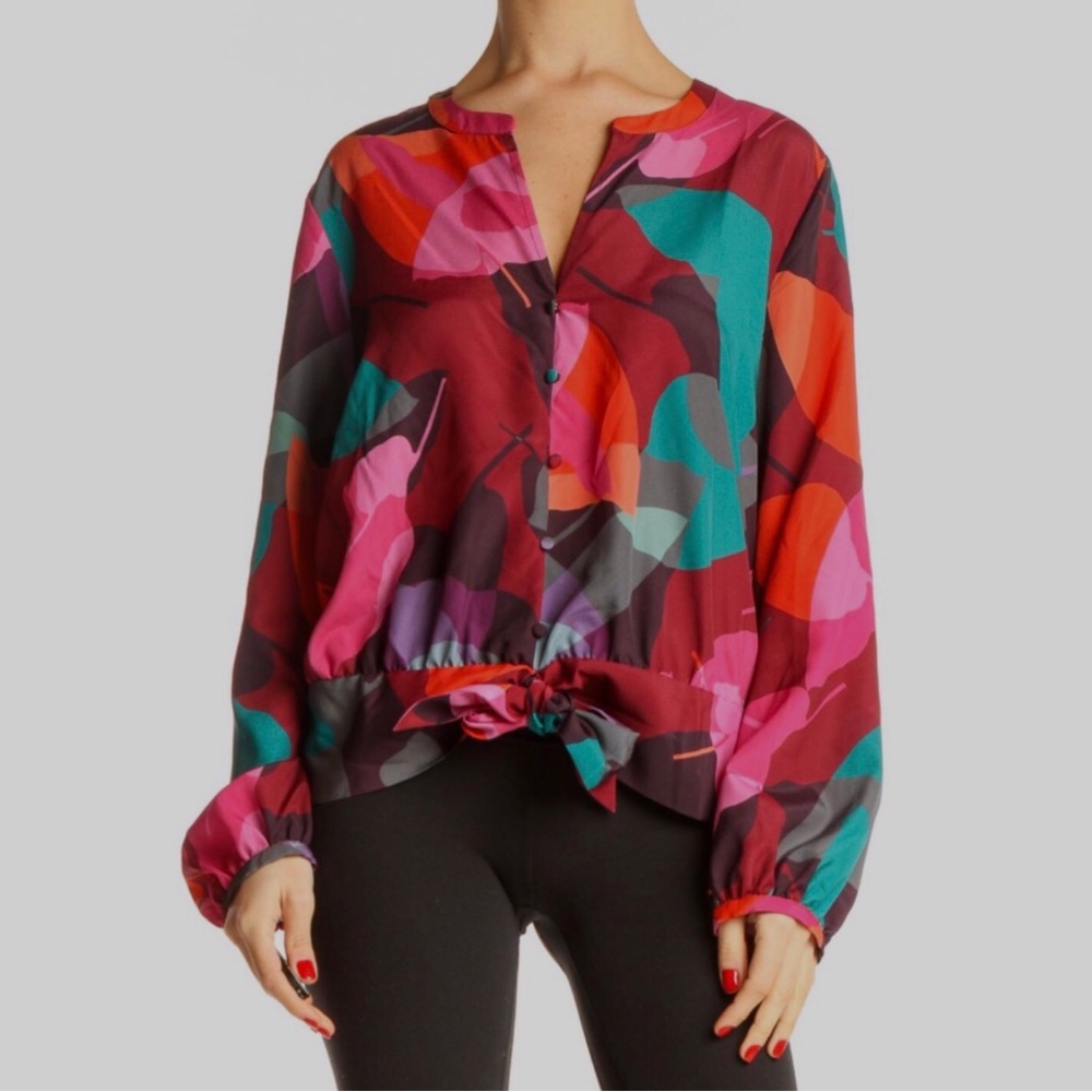 ALLISON JOY RED GRAPHIC PRINT LONG SLEEVE FRONT BUTTON CLOSURE CLASSIC BLOUSE